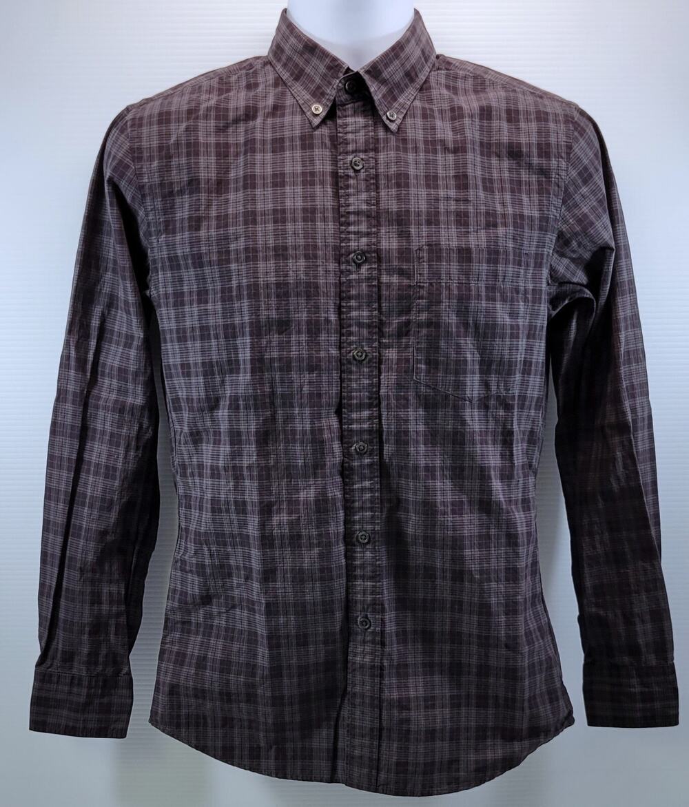 L8) Men's Uniqlo Black Gray Plaid Button Up Casual Long Sleeve Shirt XS